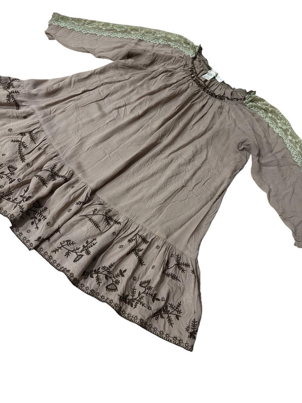 URBAN MANGOZ Boho Embroidered Taupe Peasant Dress with Sageish Lace Trim